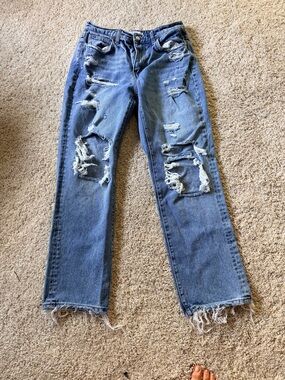 Flying Monkey Distressed Straight Leg Jeans in Medium Blue